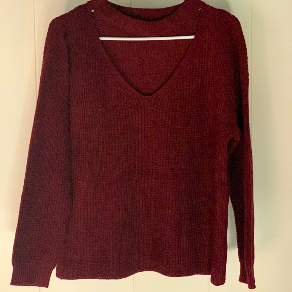 Dark red v neckline with choker sweater